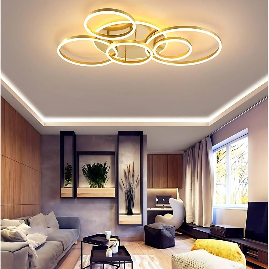 LED lustr s dálkovým ovládáním DARIO, 5 kruhů, 138W, teplé/studené/neutrální světlo, stmívatelný, zlatý