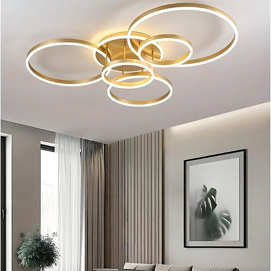 LED lustr s dálkovým ovládáním DARIO, 5 kruhů, 138W, teplé/studené/neutrální světlo, stmívatelný, zlatý