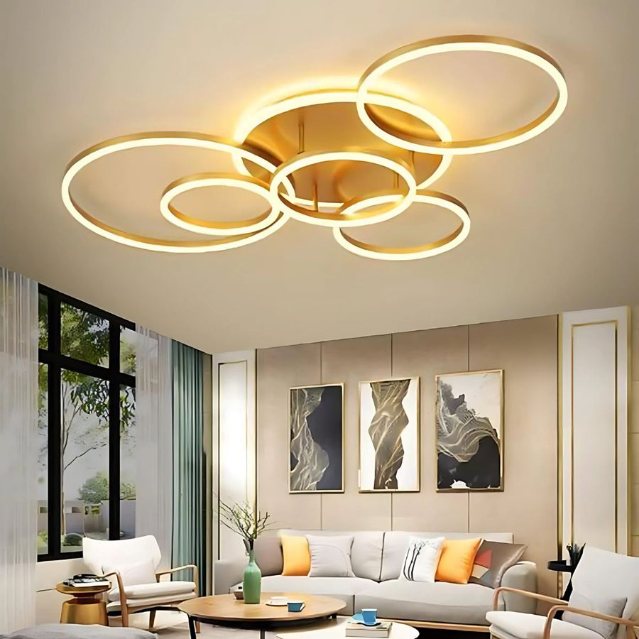 LED lustr s dálkovým ovládáním DARIO, 5 kruhů, 138W, teplé/studené/neutrální světlo, stmívatelný, zlatý