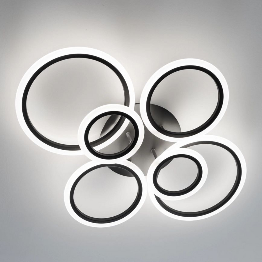 LED lustr s dálkovým ovládáním BETTY 82W, 6 kruhů, Studené/Teplé/Neutrální světlo, Stmívatelné, Černá