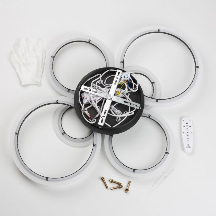 LED lustr s dálkovým ovládáním BETTY 82W, 6 kruhů, Studené/Teplé/Neutrální světlo, Stmívatelné, Černá