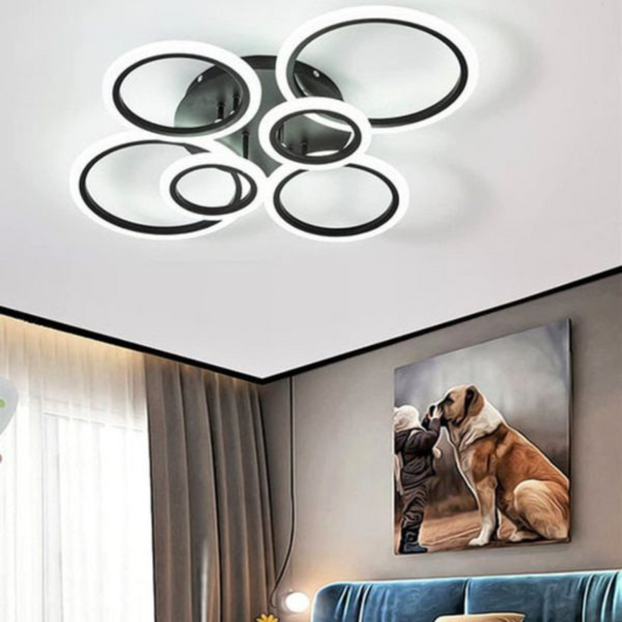 LED lustr s dálkovým ovládáním BETTY 82W, 6 kruhů, Studené/Teplé/Neutrální světlo, Stmívatelné, Černá