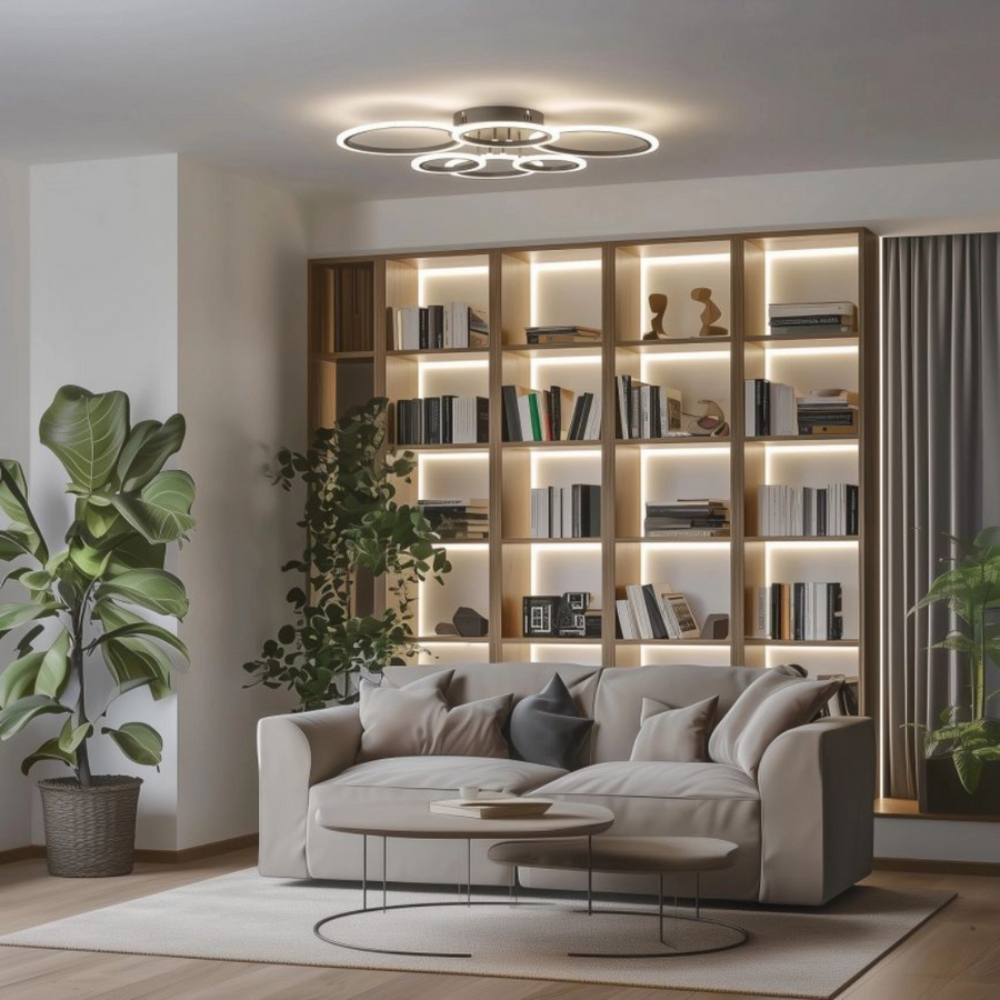 LED lustr s dálkovým ovládáním BETTY 82W, 6 kruhů, Studené/Teplé/Neutrální světlo, Stmívatelné, Černá