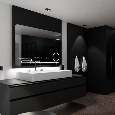 Obdélníkové LED zrcadlo, 100x60cm, Harmonie MotionGlow Marcello, Demister System, Hodiny & Teploměr, Kosmetická lupa, Stmívatelné