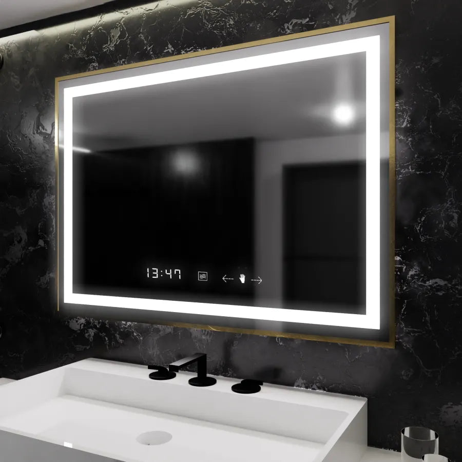 Zrcadlo LED obdélníkový 100x65cm Verite Royale Gold Motion Glow Marcello Clock Defrition System & Dimable teploměr