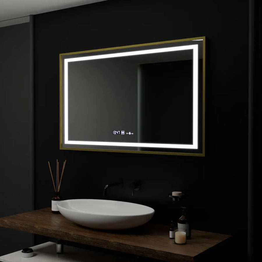 Obdélníkové LED zrcadlo, 100x80cm, Verite Royale Gold Motion Glow Marcello, Demister System, Hodiny & Teploměr, Stmívatelné