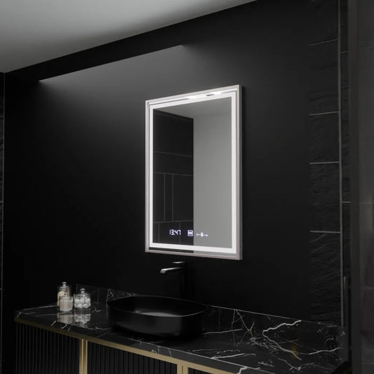 Obdélníkové LED zrcadlo, 60x80cm, Verite Imperial Silver Motion Glow Marcello, Demister System, Hodiny & Teploměr, Stmívatelné