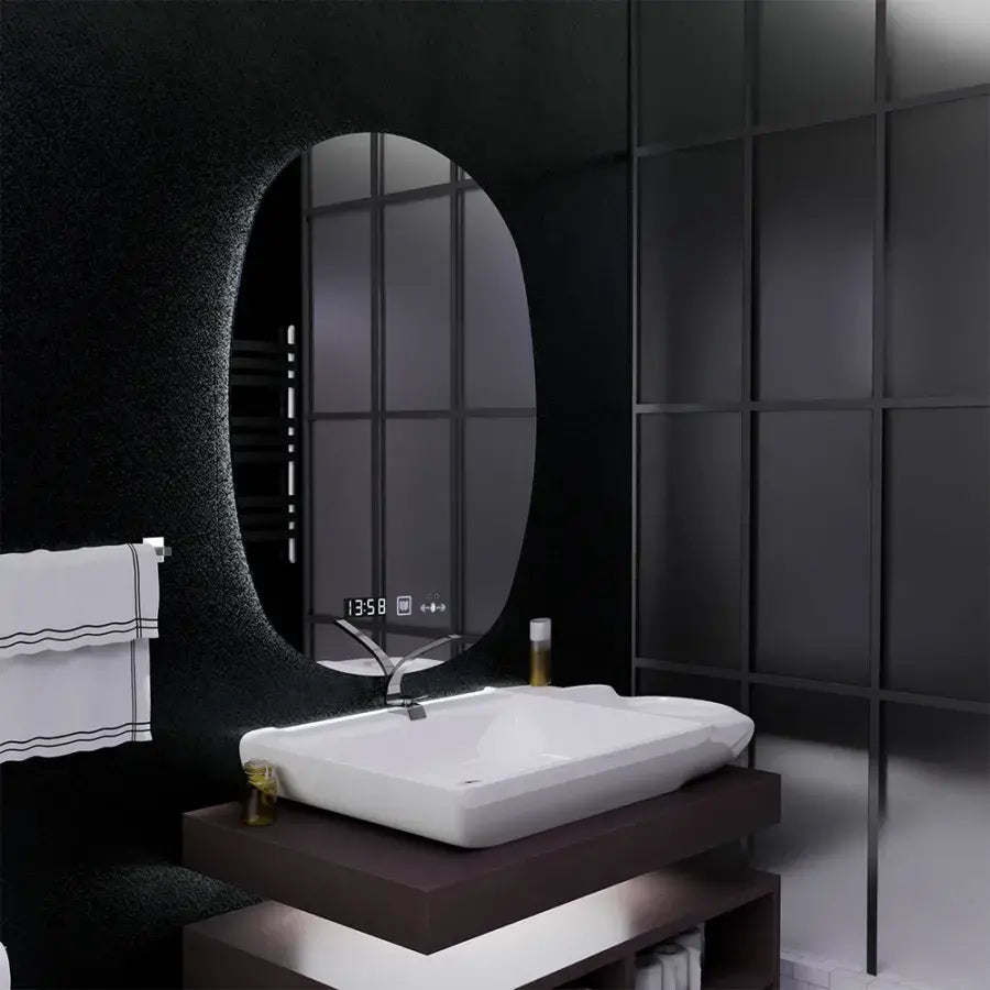 Oválné LED zrcadlo, 60x80cm, senzor Ranya Marcello MotionGlow, systém odmlžování, hodiny a teploměr, Dimabila