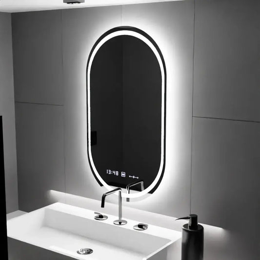 Oválné LED zrcadlo, 60x80cm, Eminence MotionGlow Marcello, Demister System, Hodiny & Teploměr, Stmívatelné