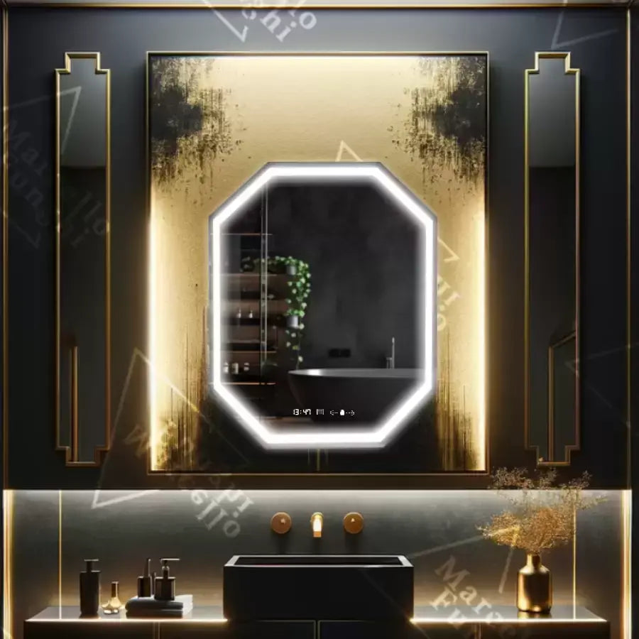 Polygonové LED zrcadlo, 60x80cm, senzor Ralya MotionGlow Marcello, systém odmlžování, hodiny a teploměr, Dimabila