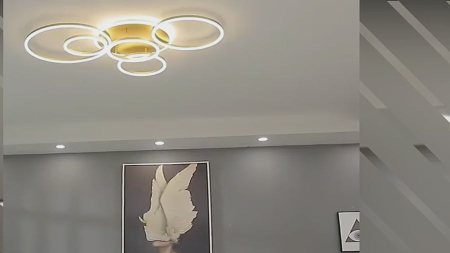 LED lustr s dálkovým ovládáním DARIO, 5 kruhů, 138W, teplé/studené/neutrální světlo, stmívatelný, zlatý