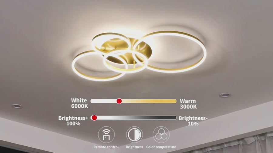 LED lustr s dálkovým ovládáním DARIO, 4 kruhy, 112W, teplé/studené/neutrální světlo, stmívatelný, zlatý