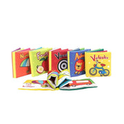 Set 6 karet v textilu s vozidly, geometrickými tvary, vizuálními obrazy, čísly, zvířatami a ovocemi, 6 kusů, textilie