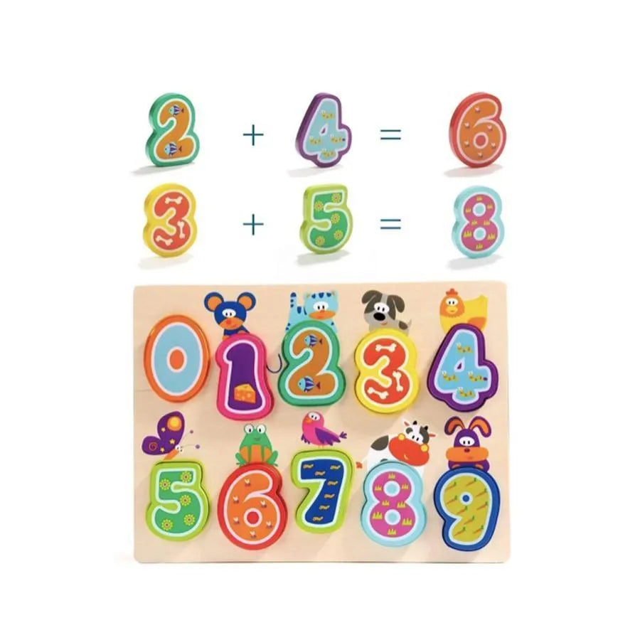 Stůl s vícebarevnými zvířaty a čísly, 11 kusů, dřevo