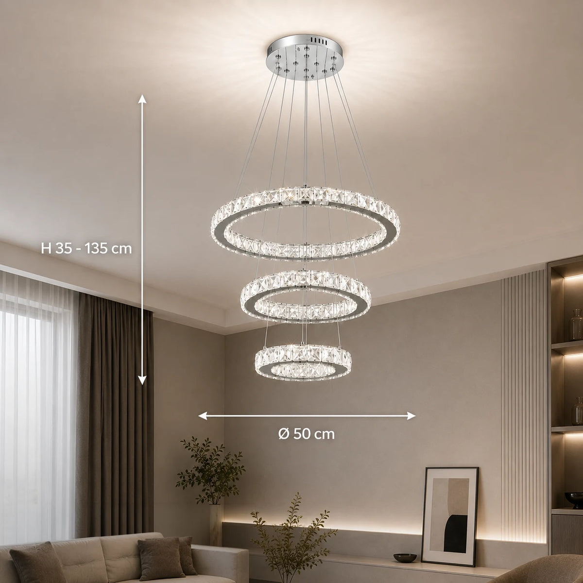 Závěsný LED lustr s dálkovým ovládáním a krystalem PRISM LUMORA 63W, 3 kruhy, Studené/Teplé/Neutrální světlo, Stmívatelné, Lesklý chrom, Nastavitelná výška - 02_LLC131-3CH.png