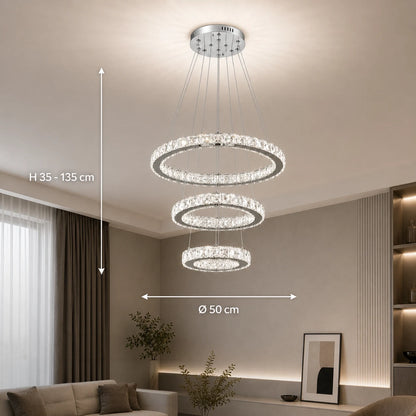 Závěsný LED lustr s dálkovým ovládáním a krystalem PRISM LUMORA 63W, 3 kruhy, Studené/Teplé/Neutrální světlo, Stmívatelné, Lesklý chrom, Nastavitelná výška - 02_LLC131-3CH.png