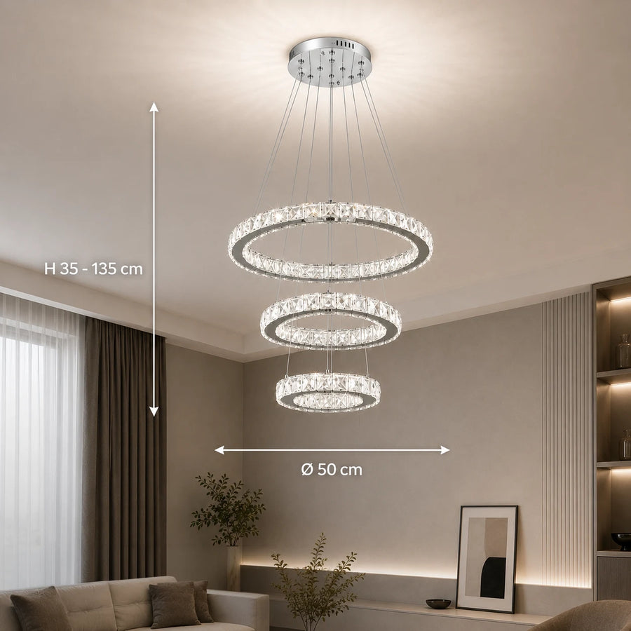 Závěsný LED lustr s dálkovým ovládáním a krystalem PRISM LUMORA 63W, 3 kruhy, Studené/Teplé/Neutrální světlo, Stmívatelné, Lesklý chrom, Nastavitelná výška - 02_LLC131-3CH.png