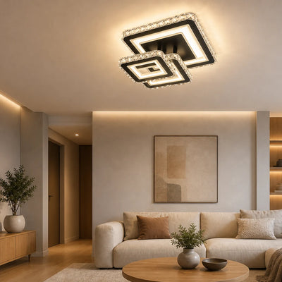 LED lustr s dálkovým ovládáním a krystalem LEILA 88W, 3 čtverce, studené/teplé/neutrální světlo, stmívatelný, lesklý černý chrom
