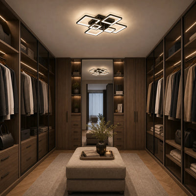LED lustr s dálkovým ovládáním ELLA 120W, 6 čtverců, studené/teplé/neutrální světlo, stmívatelné, černá, kov a akryl
