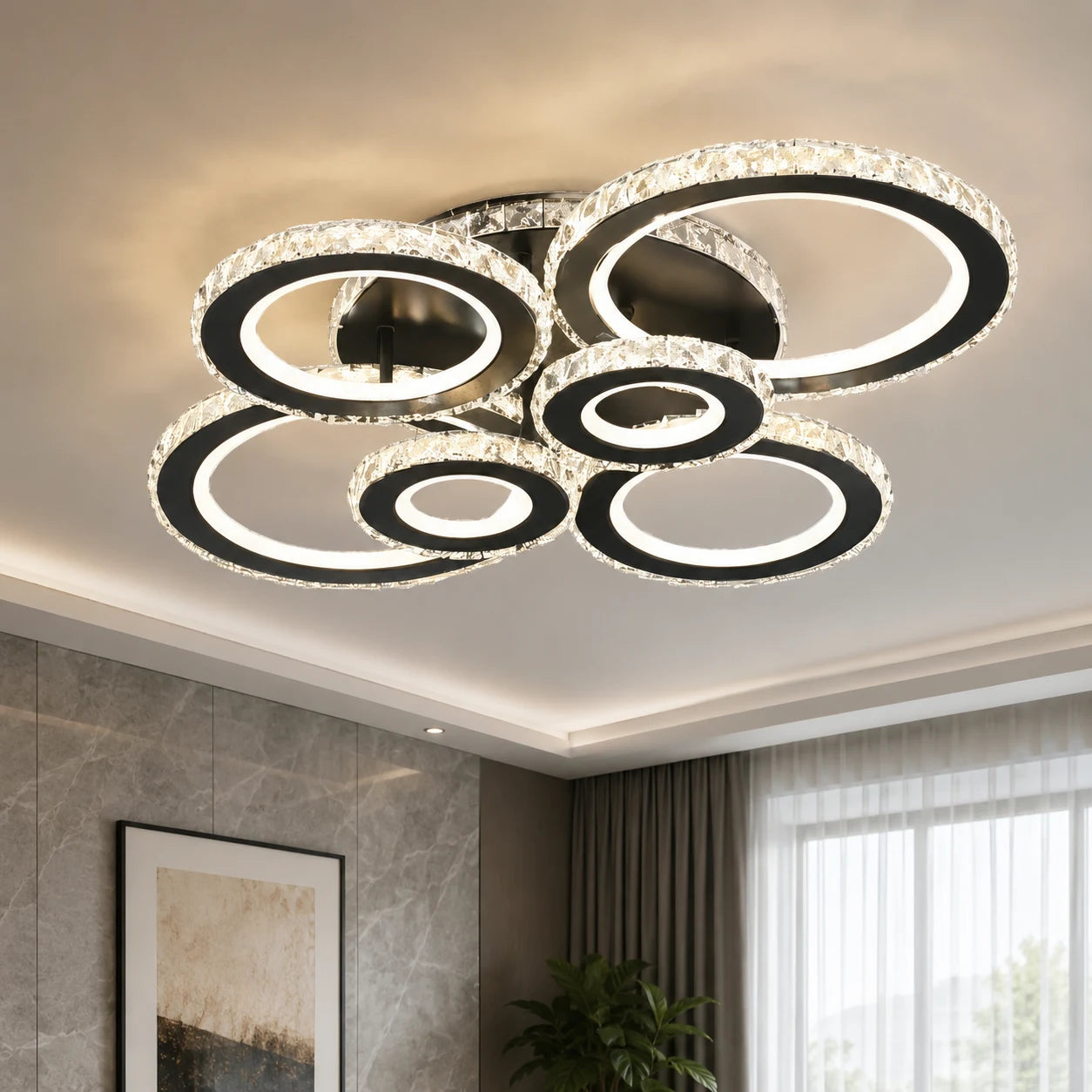 LED lustr s dálkovým ovládáním a krystalem NOVA ROTONDA RGB 145W, 6 kruhů, Studené/Teplé/Neutrální světlo, Stmívatelné, Černá - 05_LT073-6BK.png
