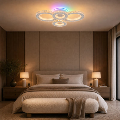 LED lustr s dálkovým ovládáním a krystalem NOVA ROTONDA RGB 82W, 4 kruhy, Studené/Teplé/Neutrální světlo, Stmívatelné, Bílá