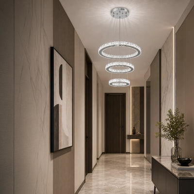 Závěsný LED lustr s dálkovým ovládáním a krystalem PRISM LUMORA 63W, 3 kruhy, Studené/Teplé/Neutrální světlo, Stmívatelné, Lesklý chrom, Nastavitelná výška