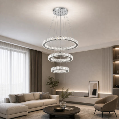 Závěsný LED lustr s dálkovým ovládáním a krystalem PRISM LUMORA 63W, 3 kruhy, Studené/Teplé/Neutrální světlo, Stmívatelné, Lesklý chrom, Nastavitelná výška - 10_LLC131-3CH.png