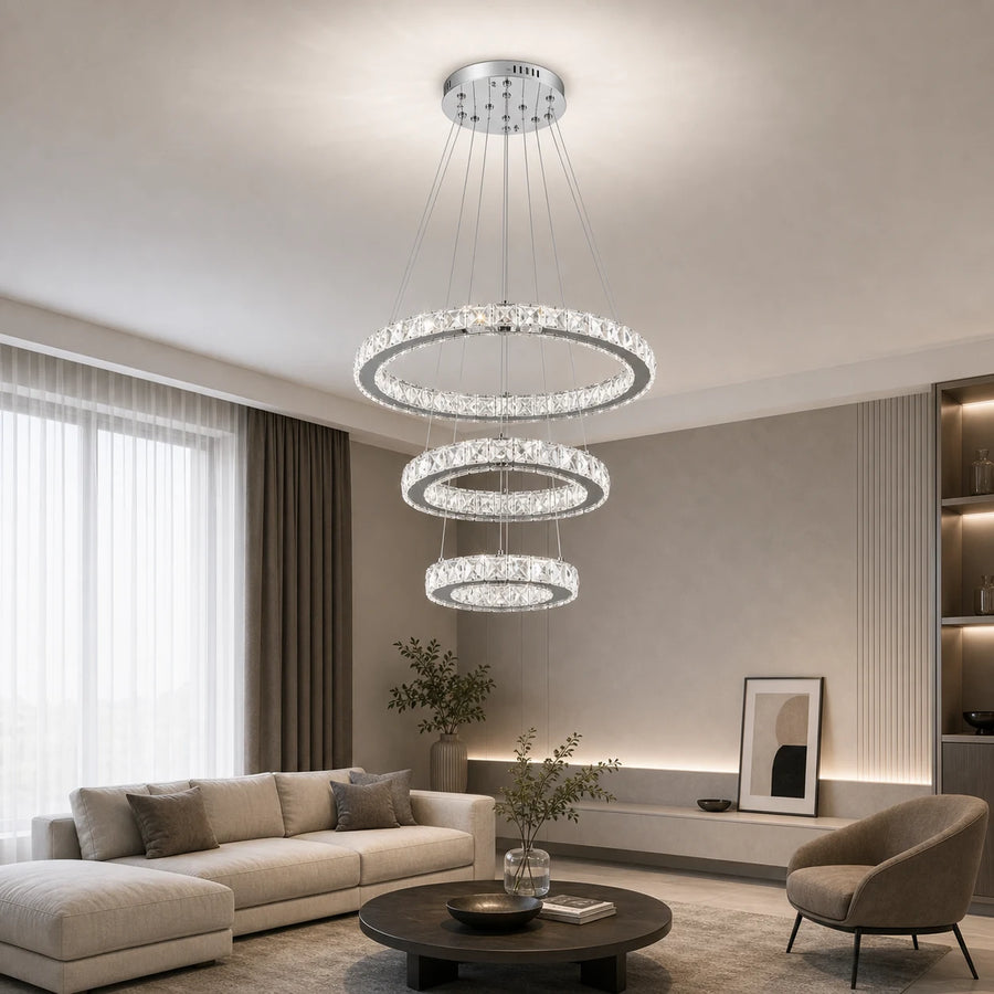 Závěsný LED lustr s dálkovým ovládáním a krystalem PRISM LUMORA 63W, 3 kruhy, Studené/Teplé/Neutrální světlo, Stmívatelné, Lesklý chrom, Nastavitelná výška - 10_LLC131-3CH.png