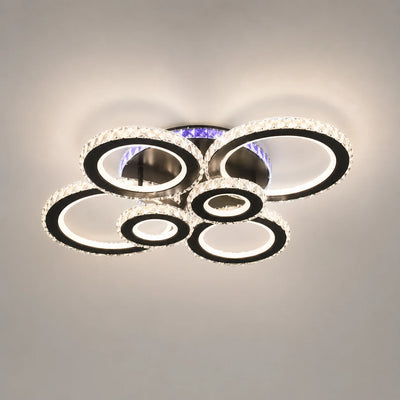LED lustr s dálkovým ovládáním a krystalem NOVA ROTONDA RGB 145W, 6 kruhů, Studené/Teplé/Neutrální světlo, Stmívatelné, Černá