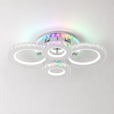 LED lustr s dálkovým ovládáním a krystalem NOVA ROTONDA RGB 82W, 4 kruhy, Studené/Teplé/Neutrální světlo, Stmívatelné, Chrome