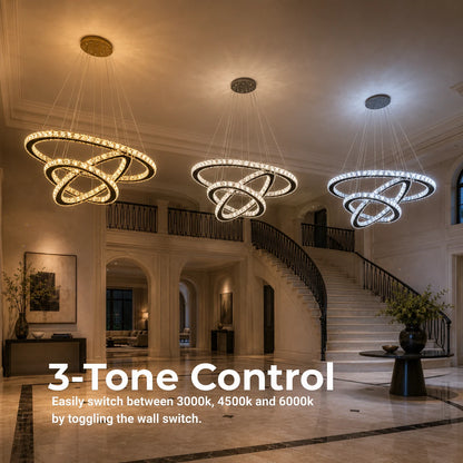 Závěsný LED lustr s dálkovým ovládáním a krystalem PRISM LUMINIS 79W, 3 kruhy, Studené/Teplé/Neutrální světlo, Stmívatelné, Chrom, Nastavitelná výška - 15_LT029.png