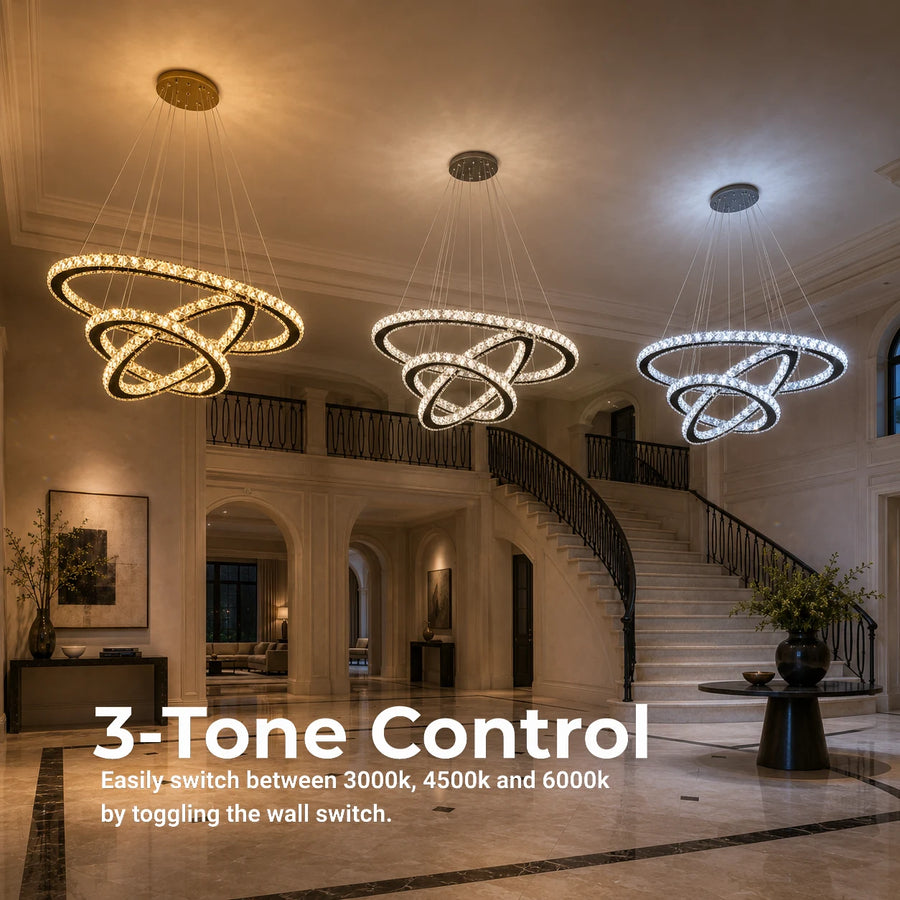 Závěsný LED lustr s dálkovým ovládáním a krystalem PRISM LUMINIS 79W, 3 kruhy, Studené/Teplé/Neutrální světlo, Stmívatelné, Chrom, Nastavitelná výška - 15_LT029.png