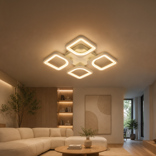 LED lustr s dálkovým ovládáním ZOE 53W, 4 čtverce, studené/teplé/neutrální světlo, stmívatelné, bílá