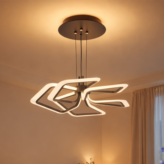 Závěsný LED lustr s dálkovým ovládáním 103W, 5 čtverců, studené/teplé/neutrální světlo, stmívatelné, černé LED lustry s dálkovým ovládáním Výchozí název Alessandro Design