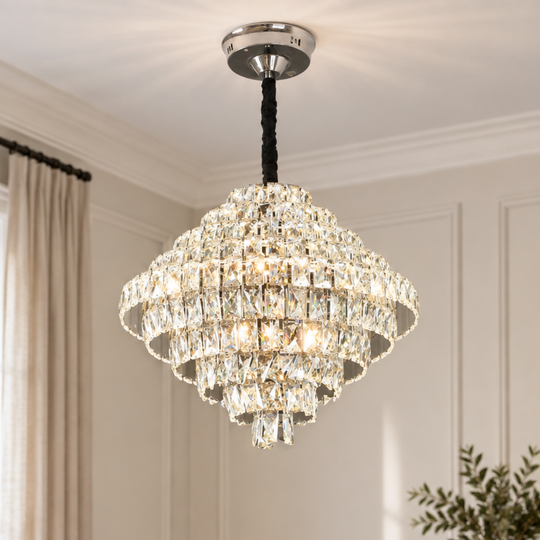Opálový křišťálový lustr s dálkovým ovládáním, 110W, Průměr 35 cm, 3000K/4000/6000K, Lesklý chrom, Nastavitelná výška