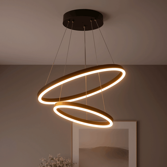 Závěsný LED lustr s dálkovým ovládáním CASIANA 40W, 2 kruhy, studené/teplé/neutrální světlo 3000K/4000K/6000K, stmívatelný, černý, nastavitelná výška, kov a akryl