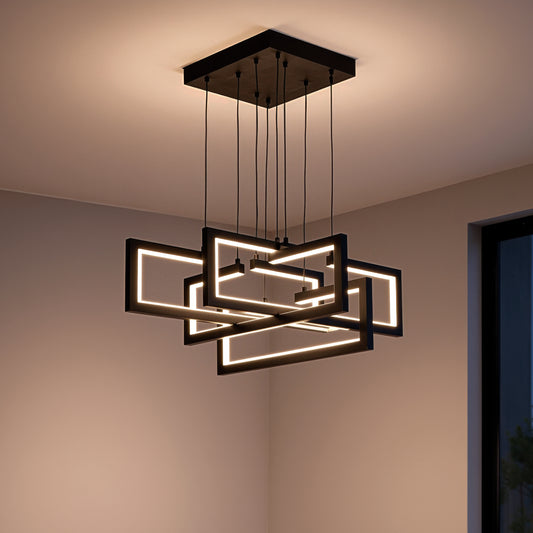 LED lustr s dálkovým ovládáním, Závěsný 96W, 4 prvky, Studené/Teplé/Neutrální světlo, Stmívatelné, Nastavitelná výška, Černá