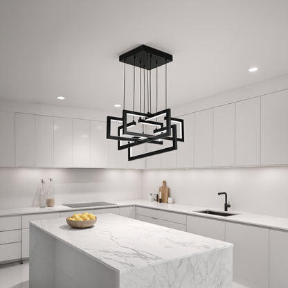 LED lustr s dálkovým ovládáním, Závěsný 96W, 4 prvky, Studené/Teplé/Neutrální světlo, Stmívatelné, Nastavitelná výška, Černá