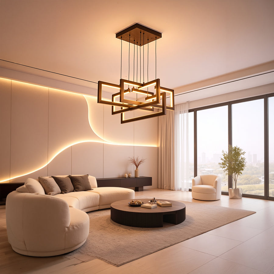 LED lustr s dálkovým ovládáním, Závěsný 96W, 4 prvky, Studené/Teplé/Neutrální světlo, Stmívatelné, Nastavitelná výška, Černá