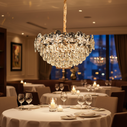 Candelabru Cristal JARDIN Eleganza 9xE14, Diametru 50cm, Inaltime 30cm, Auriu Lucios, Inaltime Reglabila, Design Elegant