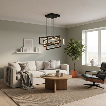 LED lustr s dálkovým ovládáním, Závěsný 96W, 4 prvky, Studené/Teplé/Neutrální světlo, Stmívatelné, Nastavitelná výška, Černá