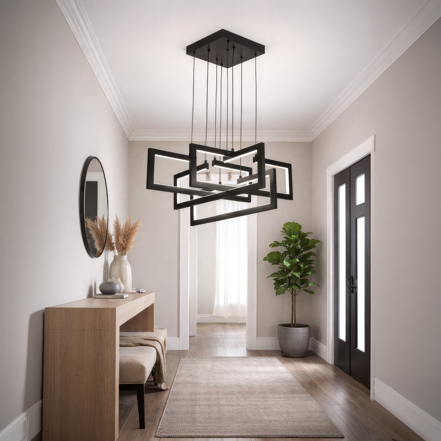 LED lustr s dálkovým ovládáním, Závěsný 96W, 4 prvky, Studené/Teplé/Neutrální světlo, Stmívatelné, Nastavitelná výška, Černá