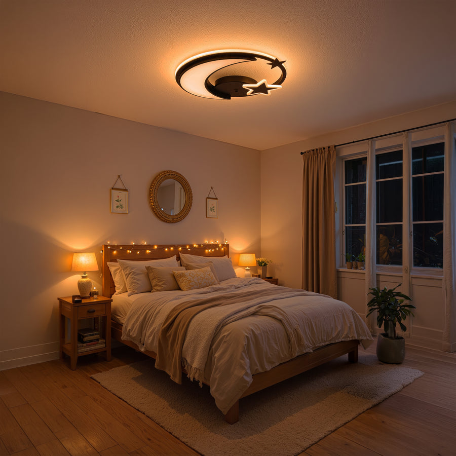 LED lustr s dálkovým ovládáním ALYONA 44W, Měsíc a hvězda, Studené/Teplé/Neutrální světlo, Stmívatelné, Černá