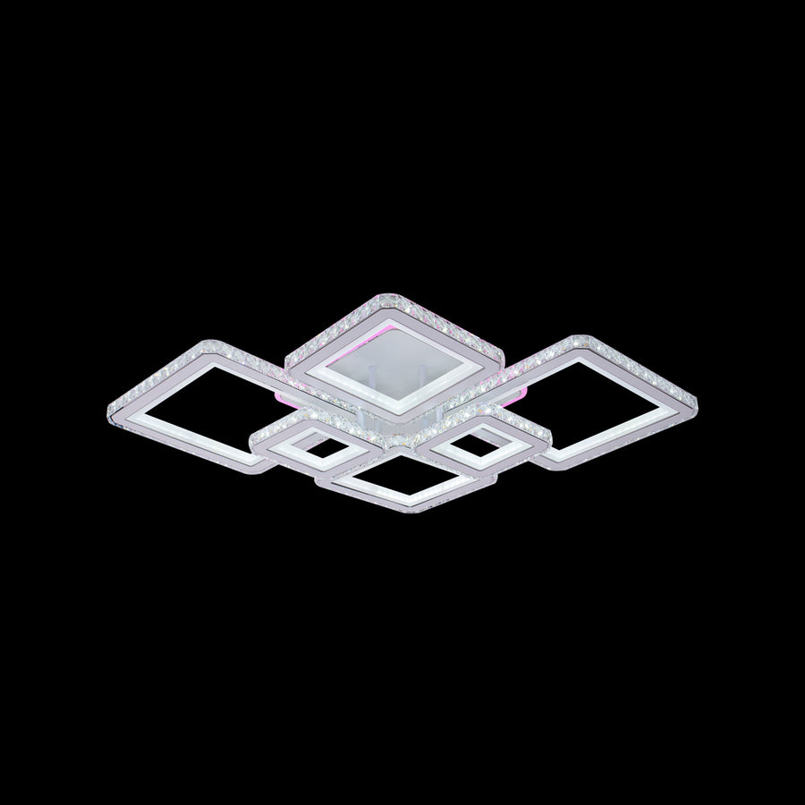 LED lustr s dálkovým ovládáním a krystalem QUADRIS RGB 170W, 6 čtverců, studené/teplé/neutrální světlo, stmívatelný, bílý