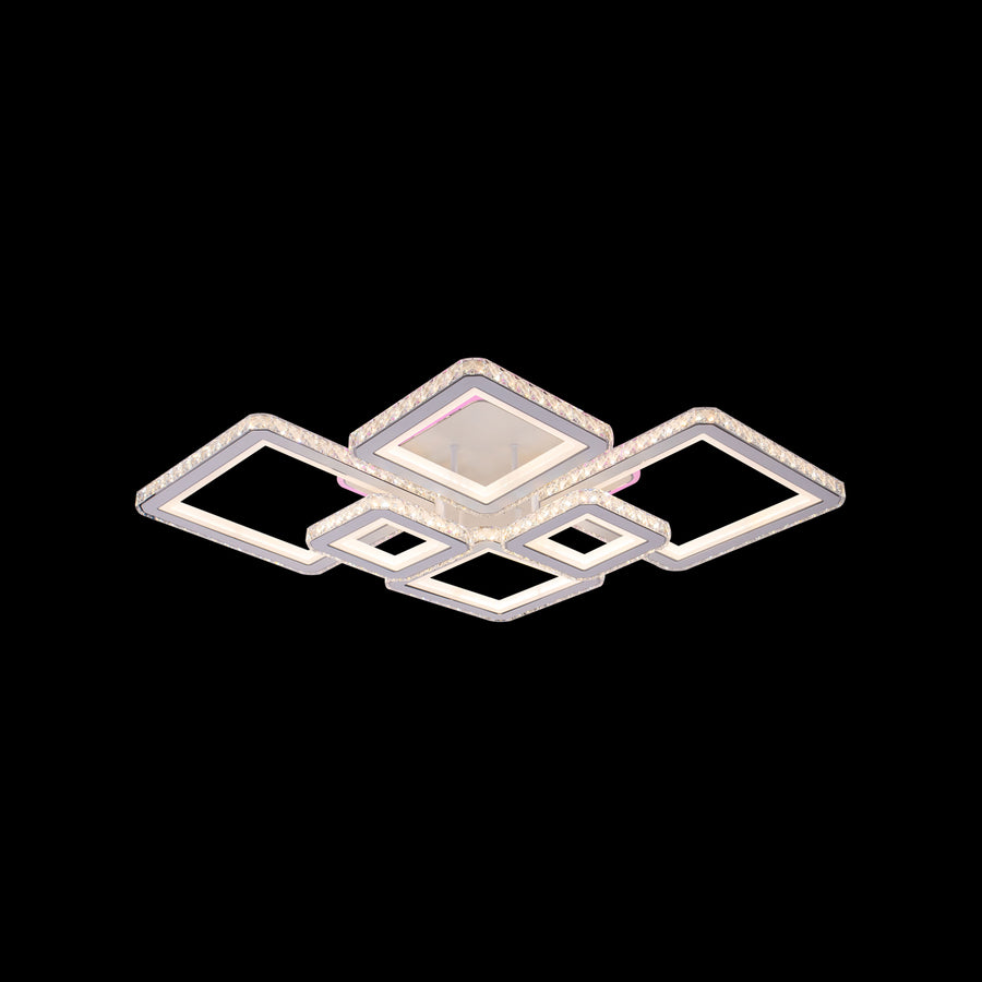 LED lustr s dálkovým ovládáním a krystalem QUADRIS RGB 170W, 6 čtverců, studené/teplé/neutrální světlo, stmívatelný, bílý