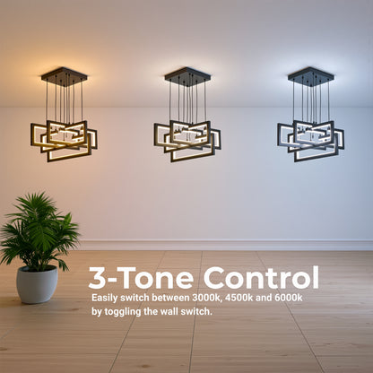 LED lustr s dálkovým ovládáním, Závěsný 96W, 4 prvky, Studené/Teplé/Neutrální světlo, Stmívatelné, Nastavitelná výška, Černá