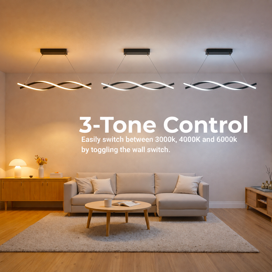 Závěsný LED lustr s dálkovým ovládáním, FLUX, 27W, 116cm, studené/teplé/neutrální světlo 3000K/4000K/6000K, stmívatelný, černý, nastavitelná výška, kov a silikon