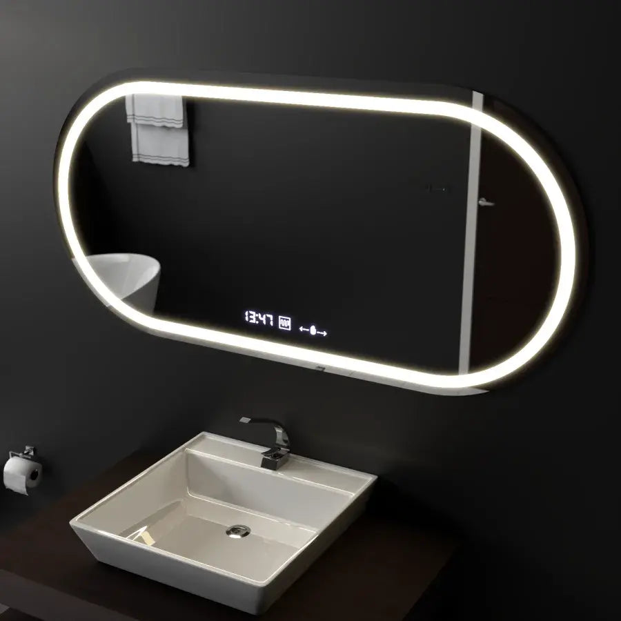 Oválný LED Mirror Altera Motionglow Sensor Marcello Dimable Hoding Clock Defrosting System
