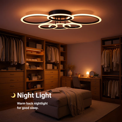 LED lustr s dálkovým ovládáním BETTY 82W, 6 kruhů, Studené/Teplé/Neutrální světlo, Stmívatelné, Černá