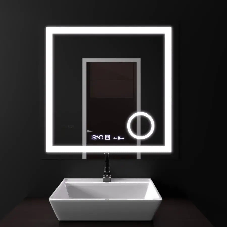 Obdélníkové LED zrcadlo, 60x60cm, Souverain MotionGlow Marcello, Demister System, Hodiny & Teploměr, Kosmetická lupa, Stmívatelné